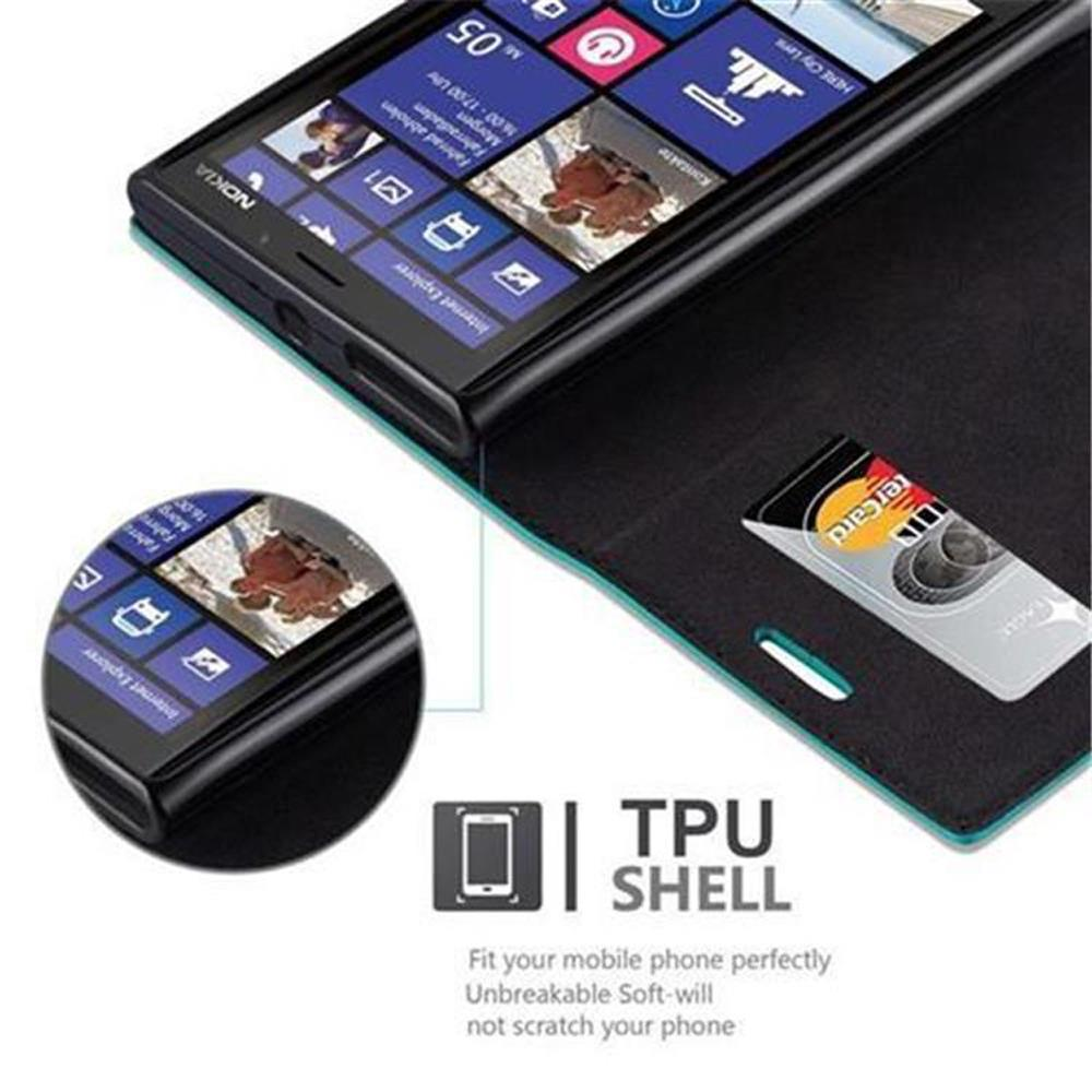 Una custodia per telefono con un telefono all'interno, che mostra l'interfaccia e una carta di credito in uno slot.
