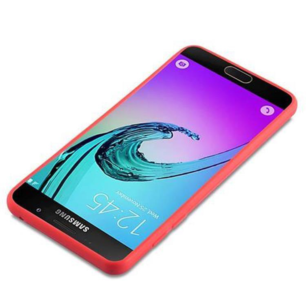 Un telefono con cornice rossa e schermo viola, angolato, su sfondo bianco.