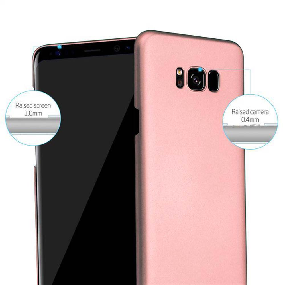 Custodia rosa con telefono dentro. Mostra aree schermo e fotocamera rialzate.