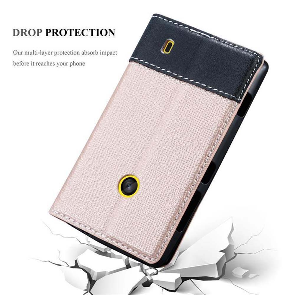 Custodia per telefono rosa con dettagli neri. Testo: Protezione dalle cadute. Sfondo bianco con effetto incrinato.