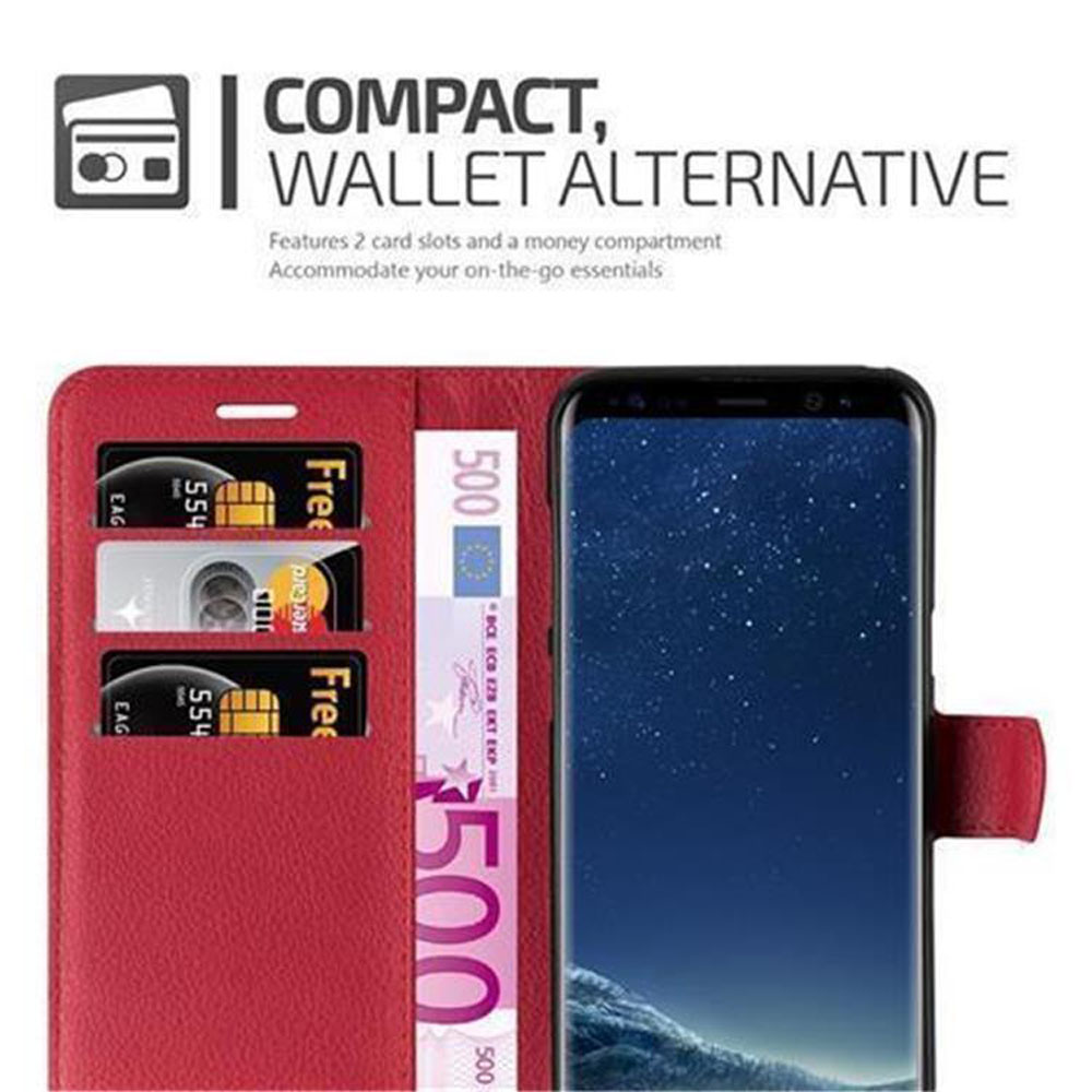 Eine rote Handyhülle im Brieftaschen-Design hat 2 Kartenfächer und Geld, offen, mit einem Telefon darin.