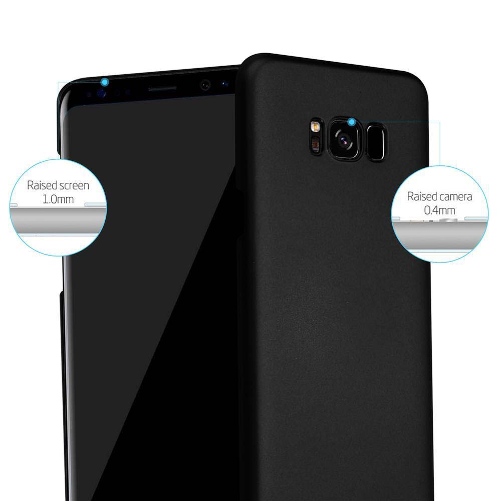 Schwarzes Telefon mit erhöhtem Bildschirm und Kamera. Diagramm beschriftet Bildschirm 1,0 mm und Kamera 0,4 mm erhöht.