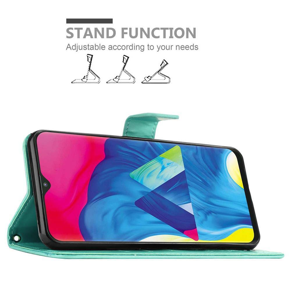 Custodia per telefono verde acqua, aperta, che mostra un telefono con sfondo astratto colorato e supporti.