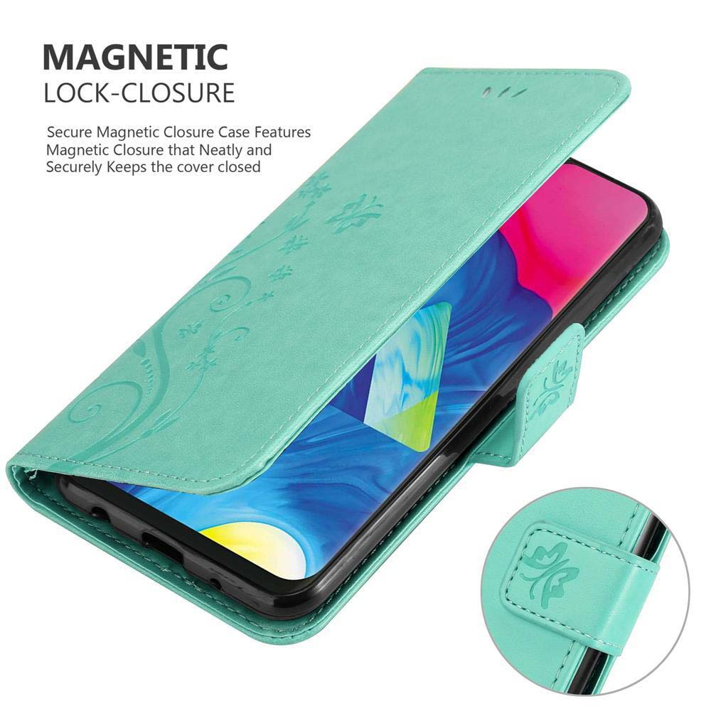 Custodia per telefono verde acqua con design floreale, aperta, mostra il telefono. Chiusura magnetica.