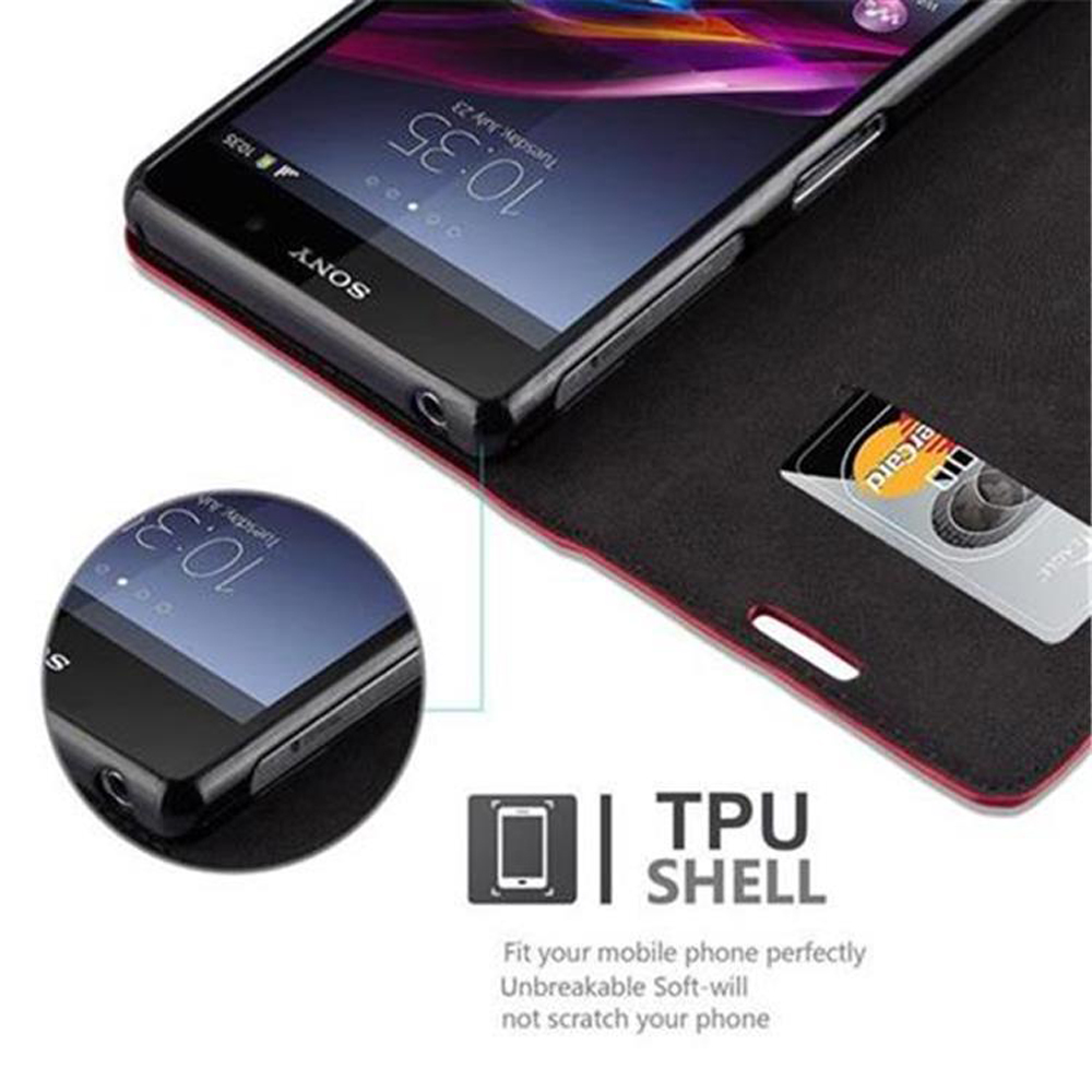 Schwarzes Telefon in einer schwarzen Handyhülle mit roter Innenseite. Eine Mastercard und ein Kreditkartenfach sind sichtbar.