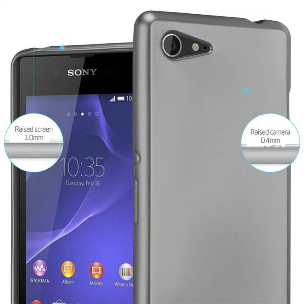 Se muestra un teléfono y su funda. La funda es gris, el teléfono es negro. La pantalla está encendida.