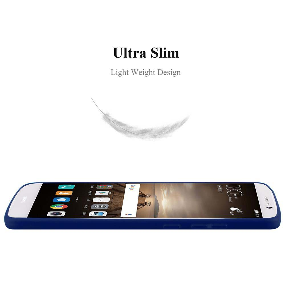 Un telefono con custodia blu scuro, appoggiato piatto. Il testo 'Ultra Slim' e una piuma sono sopra.