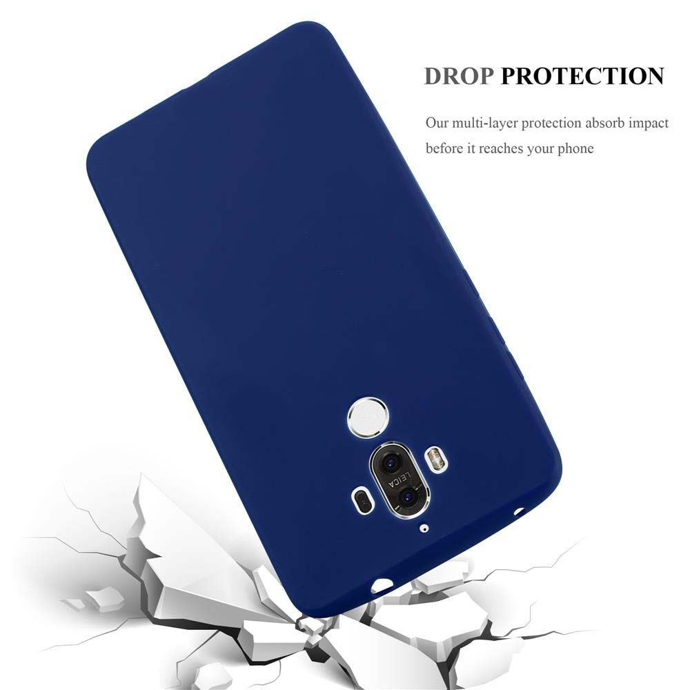 Custodia blu con telefono, sfondo bianco, crepe. Testo: Protezione contro le cadute.