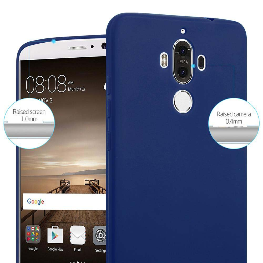 Custodia per telefono blu con schermo e fotocamera rialzati e un telefono.