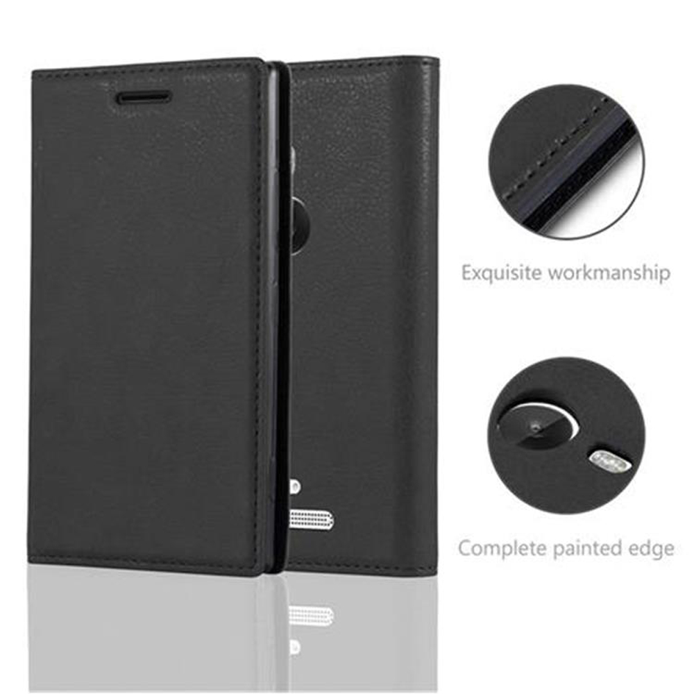 Custodia per telefono nera. Mostra una custodia chiusa con un telefono all'interno. La custodia ha due lati. I dettagli del testo.
