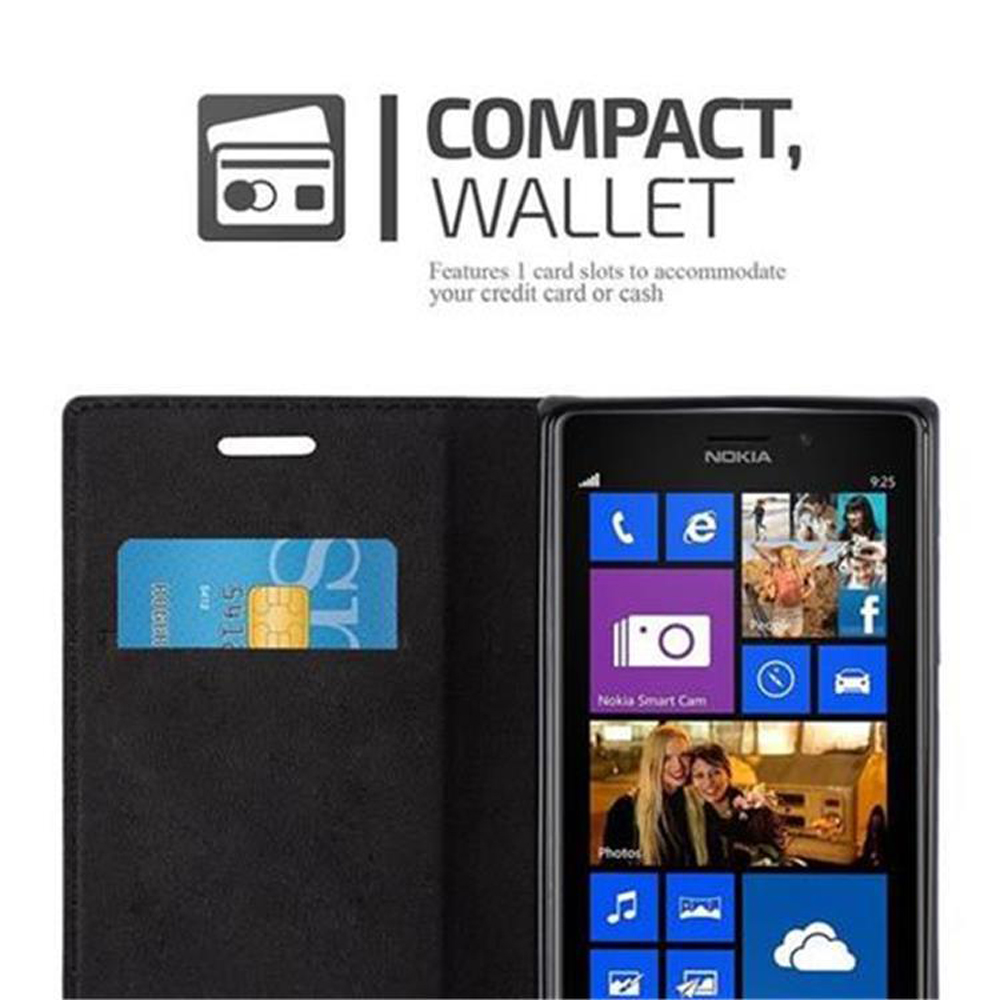 Un telefono all'interno di una custodia a portafoglio con una carta di credito. Testo: Portafoglio compatto.