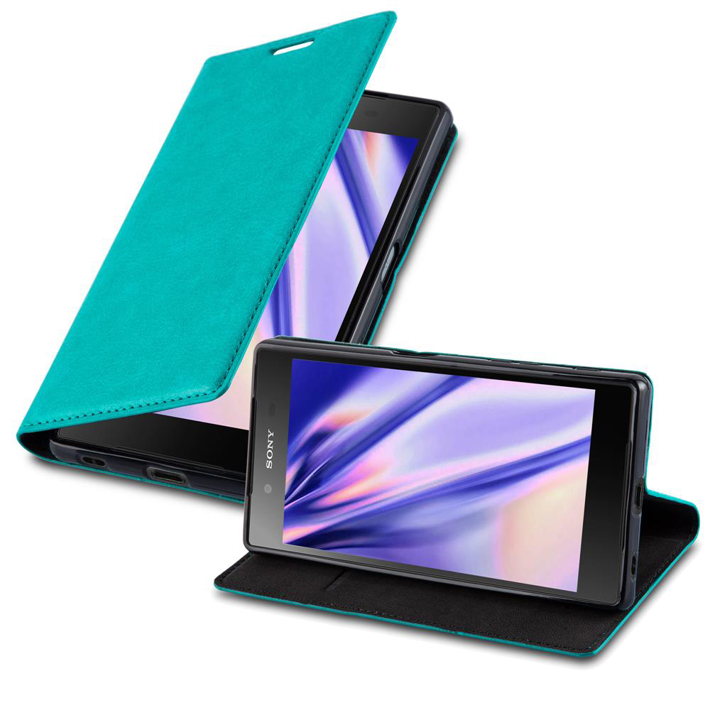 Funda de teléfono turquesa, abierta y cerrada con teléfono dentro. Pantalla visible.