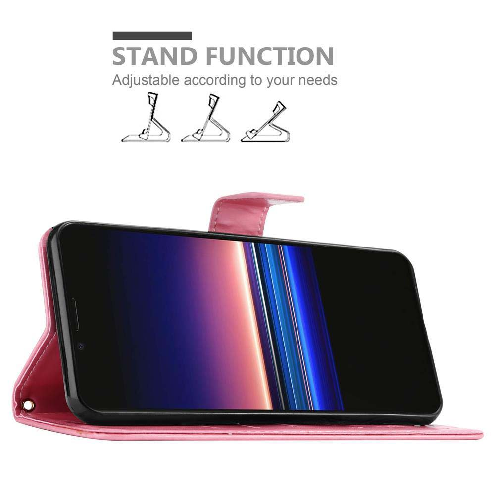 Custodia per telefono rosa con un design aperto che mostra lo schermo del telefono.
