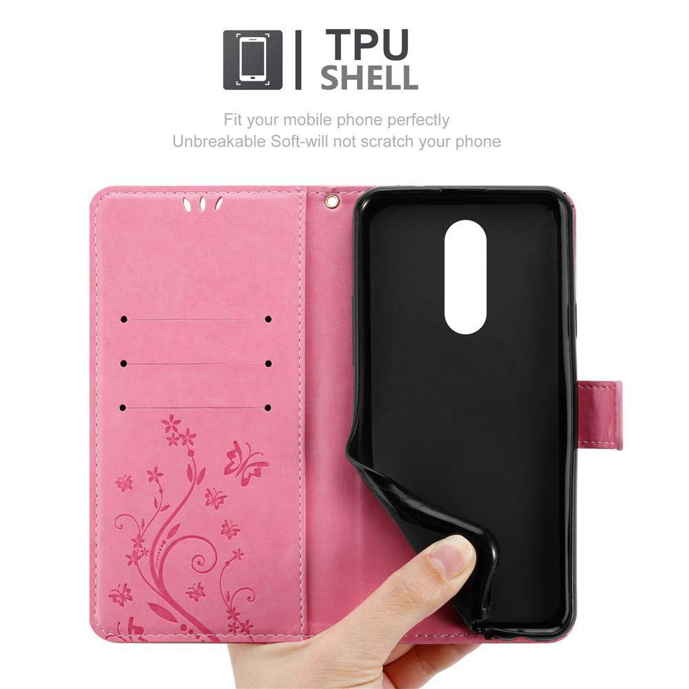 Una custodia rosa per telefono, aperta per mostrare un telefono, con farfalle e motivi floreali.