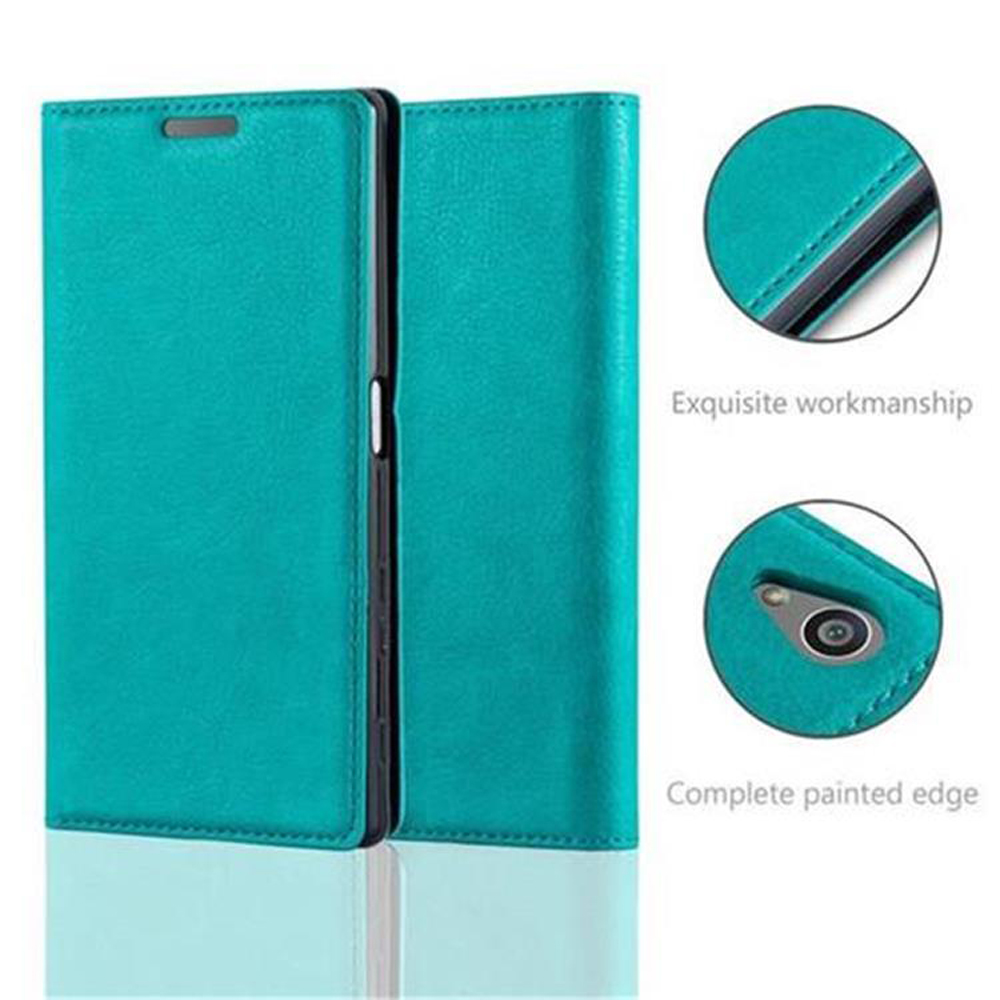Funda de teléfono plegable de color verde azulado. Se muestran los detalles de la funda. Se observa el borde pintado completo.