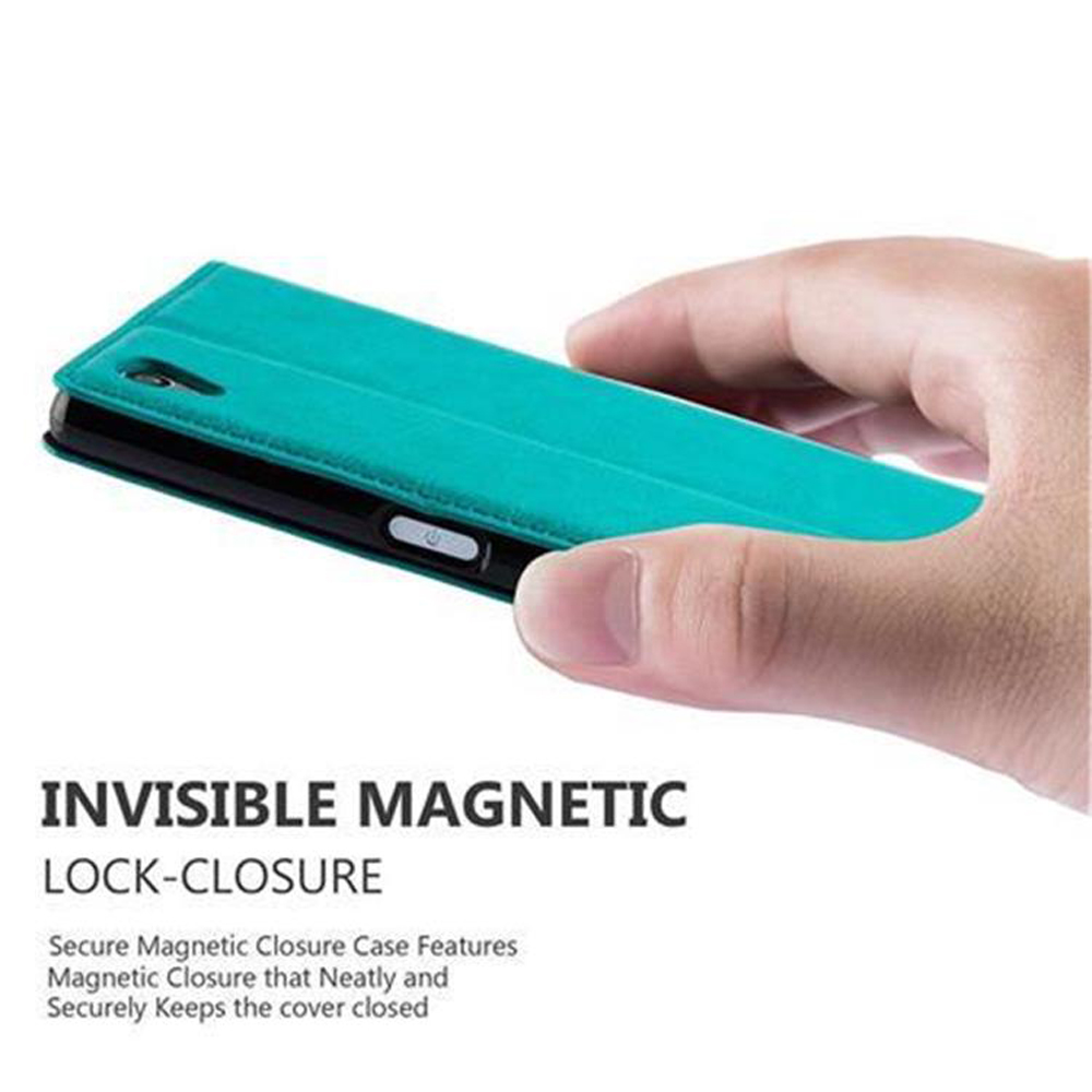 Mano sosteniendo un teléfono en una funda. Texto: cierre de bloqueo magnético invisible.