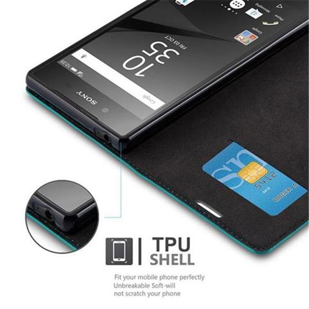 Teléfono en funda negra y verde azulado, con tarjeta. El texto indica carcasa TPU.