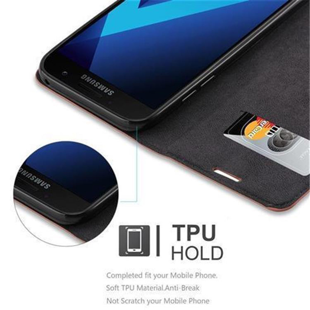 Telefono Samsung nero in custodia nera con slot per schede. Testo: TPU HOLD.