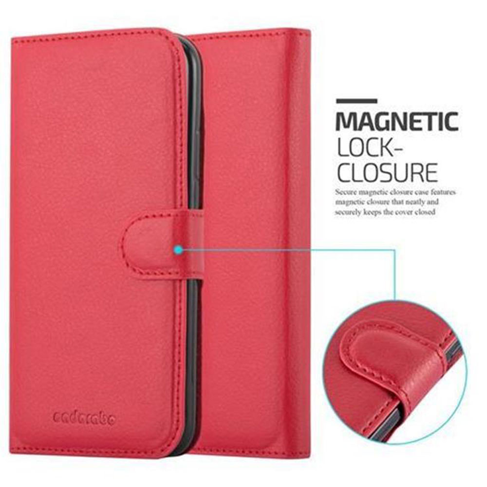 Rote Handyhülle mit Magnetverschluss und Nahaufnahme des Verschlusses.