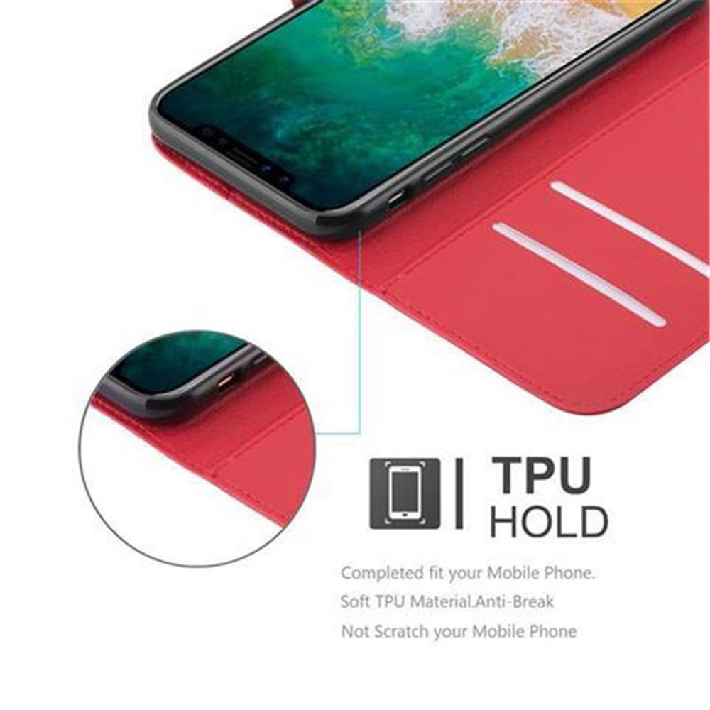 Ein Telefon in einem roten Etui, offen. Ein Kartensteckplatz und eine Kreditkarte sind sichtbar. Der Text „TPU HOLD“ wird angezeigt.