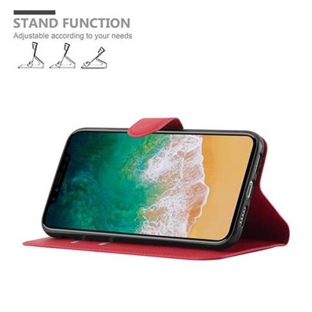 Eine rote Handyhülle ist mit einem Telefon darin geöffnet. Text: „Standfunktion“. Drei Stand-Symbole.