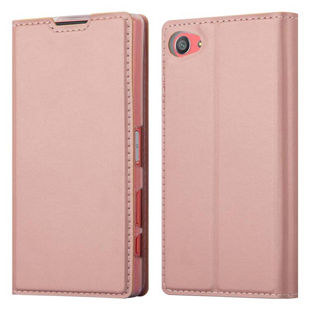 Custodia per telefono rosa, aperta e chiusa. Sfondo bianco.