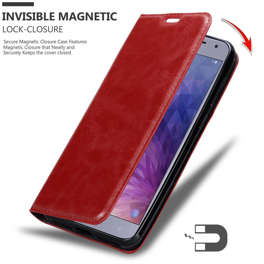 Custodia rossa con chiusura magnetica. Testo: CHIUSURA MAGNETICA INVISIBILE. Simbolo del magnete mostrato.
