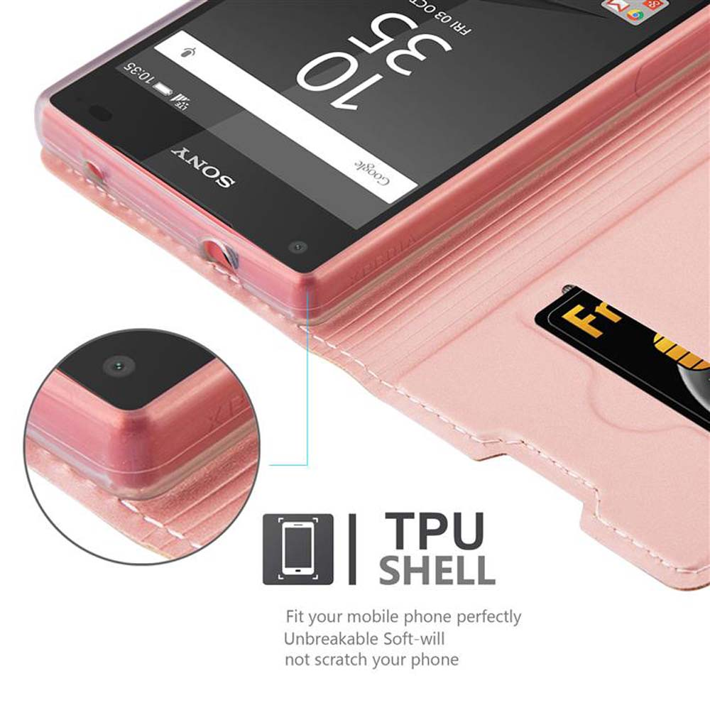 Una custodia per telefono rosa, aperta, che mostra un telefono con una carta di credito nello slot, su sfondo bianco.