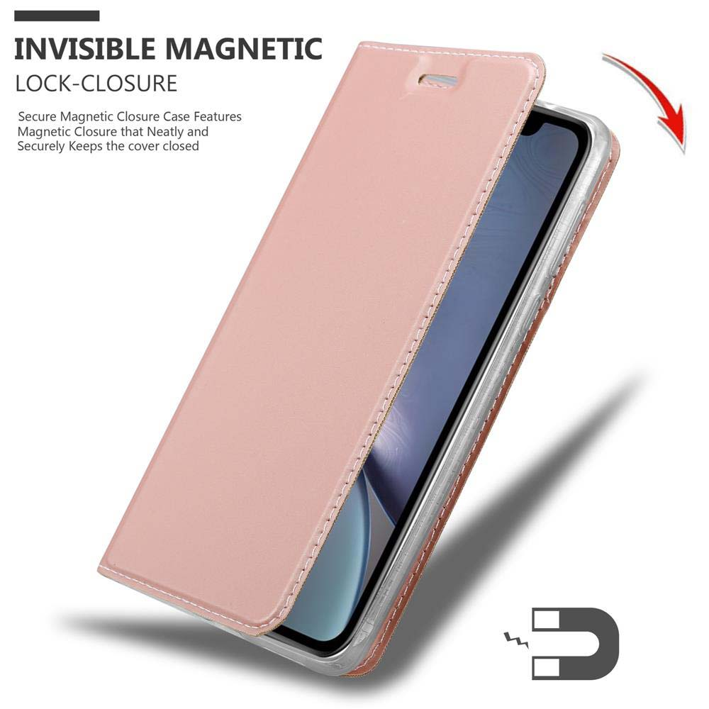 Una custodia per telefono rosa con chiusura magnetica. La custodia è aperta, mostrando il telefono all'interno.