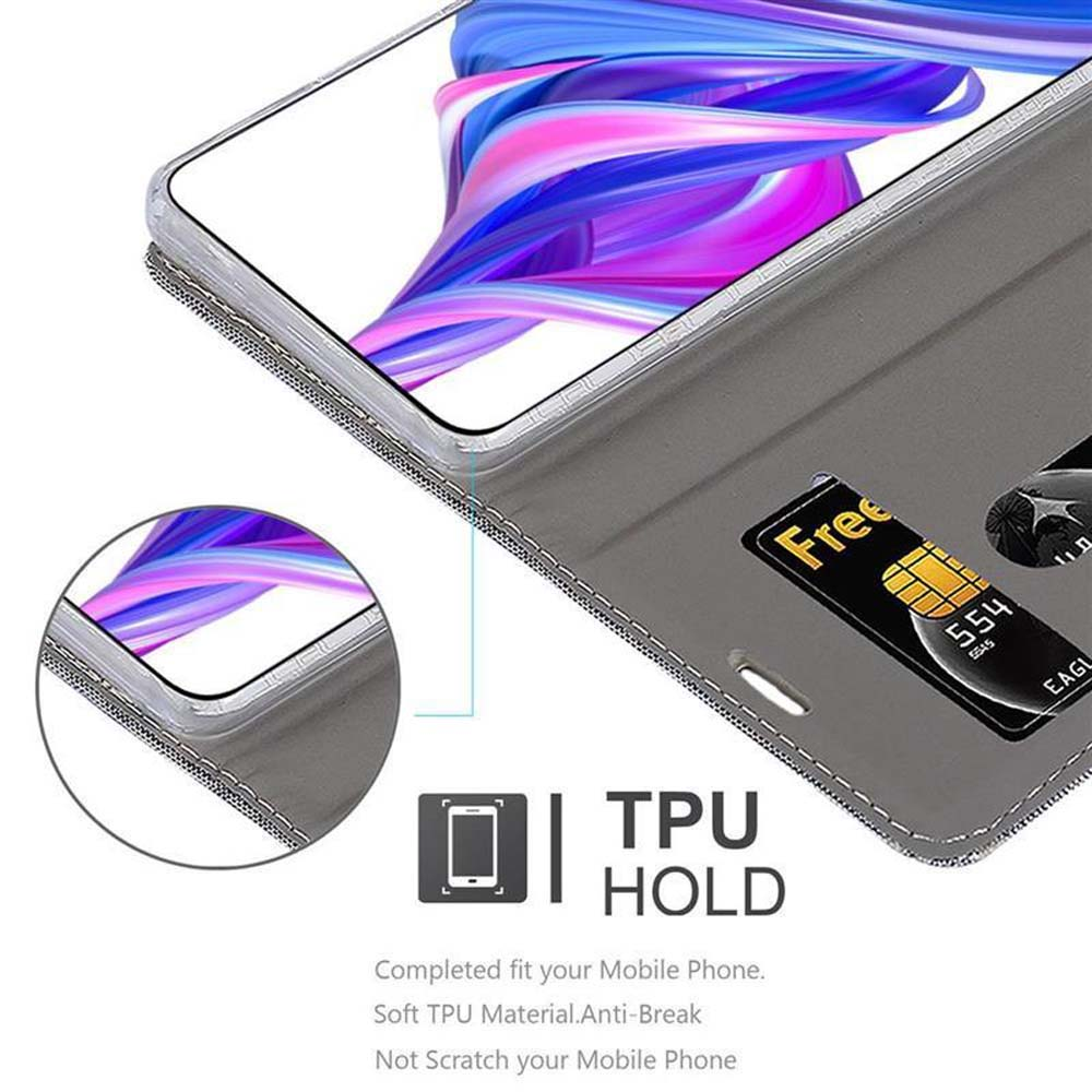 Un telefono in una custodia grigia. Testo: TPU HOLD. Vestibilità completa per il tuo cellulare, anti-rottura, non graffia.