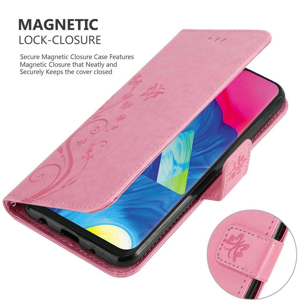 Custodia rosa con motivo floreale, aperta per rivelare un telefono. Testo: Chiusura magnetica. Chiusura magnetica visibile.