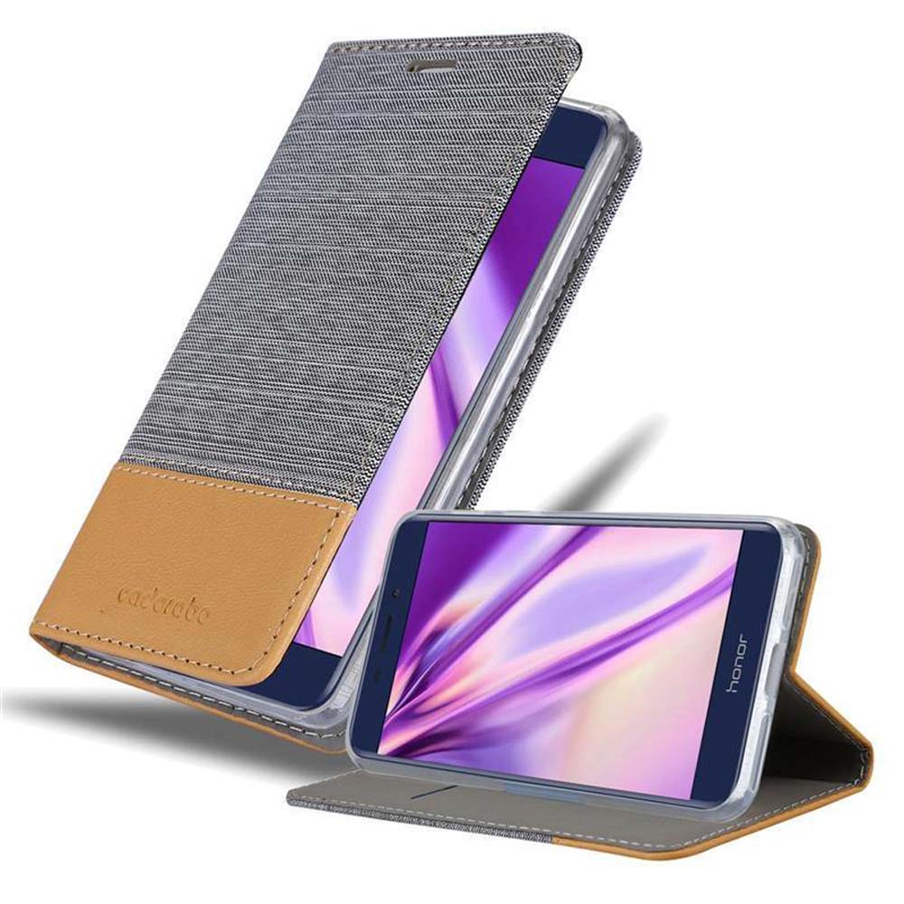Custodia per telefono con un design grigio e marrone. Ha un telefono all'interno e la custodia è parzialmente aperta.