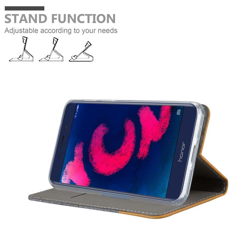 Telefono in custodia aperta, schermo con design rosa. Custodia marrone e grigia con grafica funzione supporto.