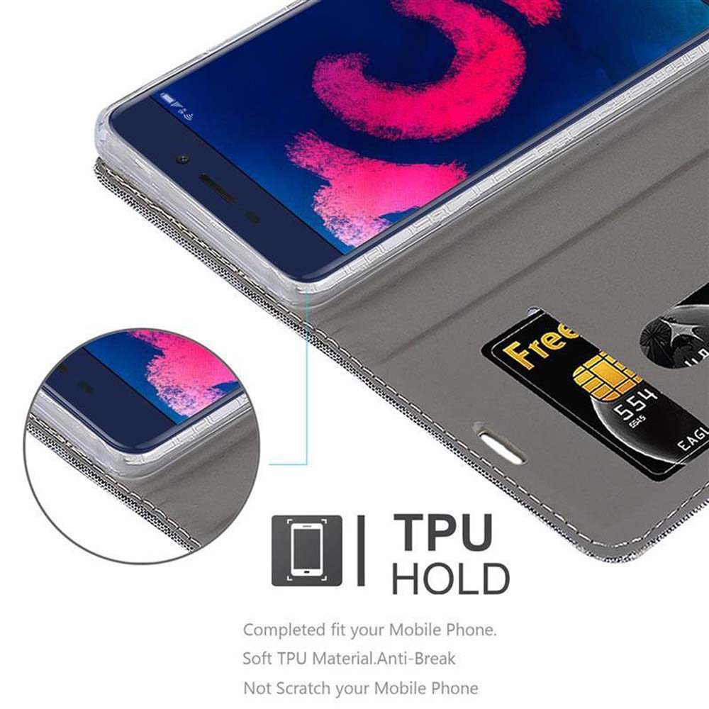 Un telefono in una custodia aperta. Una carta di credito è in una fessura. La custodia ha TPU HOLD e una carta Free.