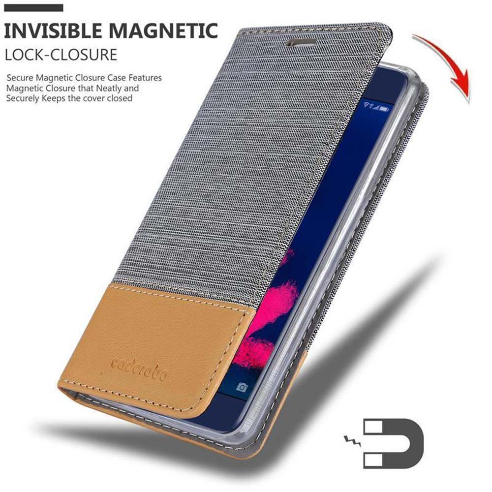 Un telefono in una custodia. La custodia è grigia e marrone, con chiusura magnetica. Lo schermo è visibile.