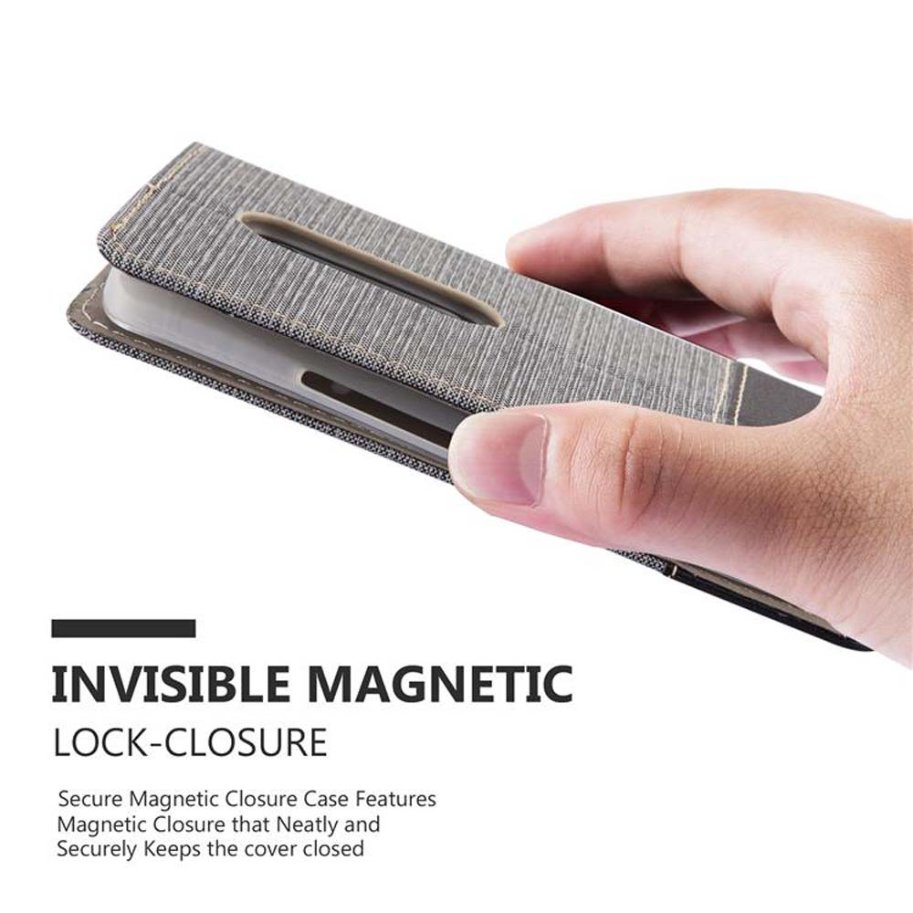 Una mano tiene una custodia per telefono. La custodia è grigia con chiusura magnetica. Il testo dice 'Invisible Magnetic Lock-Closure'.