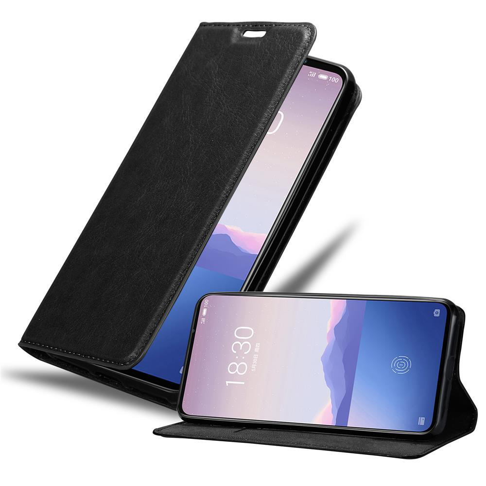 Funda negra con smartphone. La funda está abierta, revelando la pantalla del teléfono.