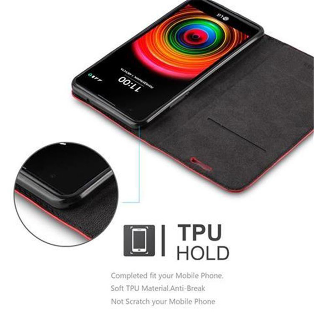 Un telefono in una custodia rossa e nera. Testo: TPU HOLD.