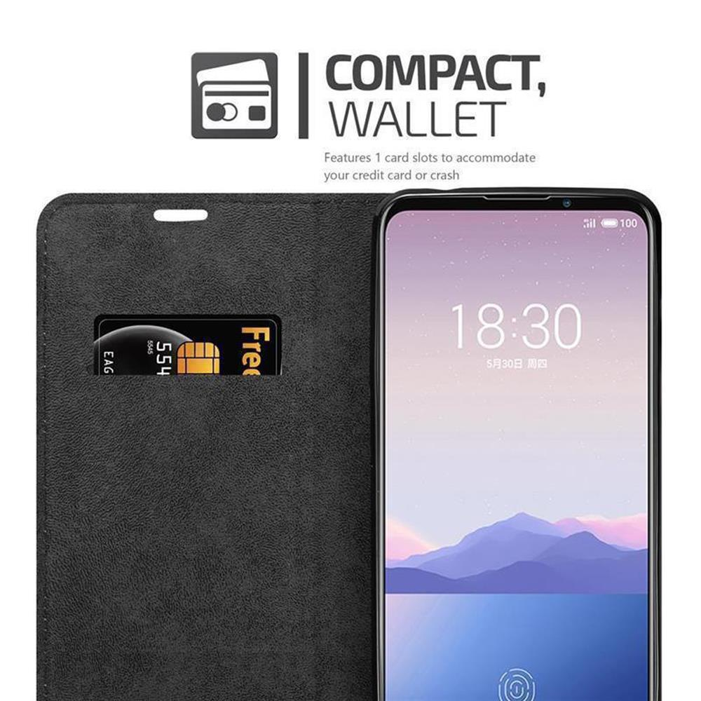 Funda negra con tarjeta de crédito y teléfono. Texto: Compacto, Billetera. 1 ranura para tarjeta.