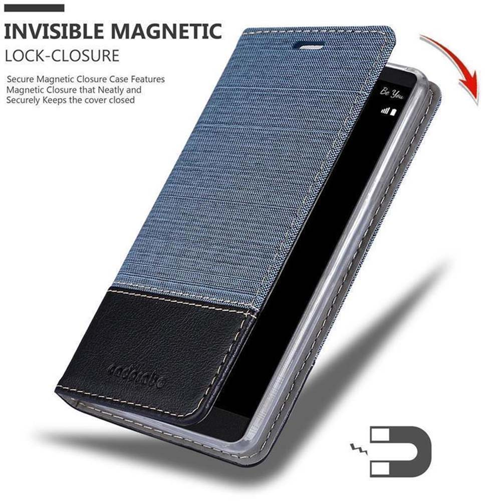 Custodia per telefono con copertura simile al denim. Telefono parzialmente visibile. Chiusura magnetica.