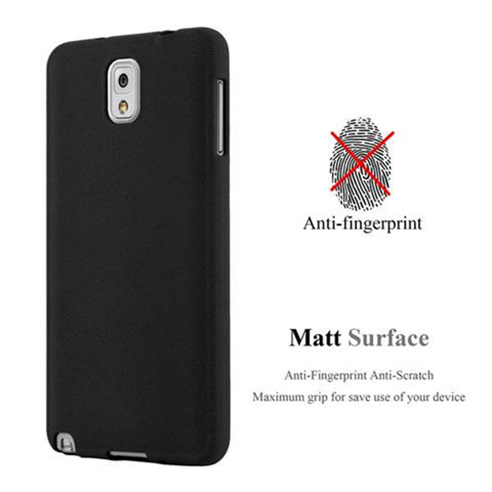 Custodia per telefono nera con un telefono e testo sul lato. Simbolo di impronta digitale sbarrato.