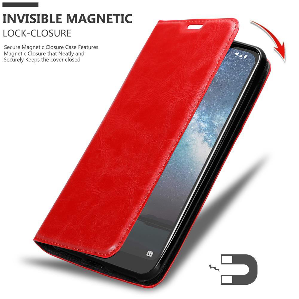 Rote Handyhülle. Die Hülle ist offen, der Telefonbildschirm ist sichtbar. Unsichtbare magnetische Verriegelungsfunktionen werden hervorgehoben.