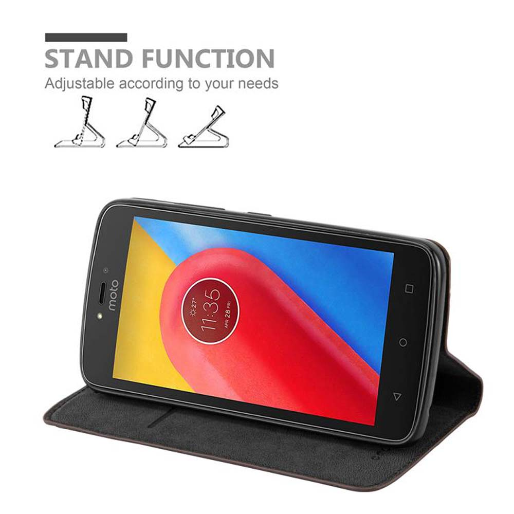 Telefono nero su custodia con supporto, schermo mostra design rosso e bianco, testo sulla funzione supporto.