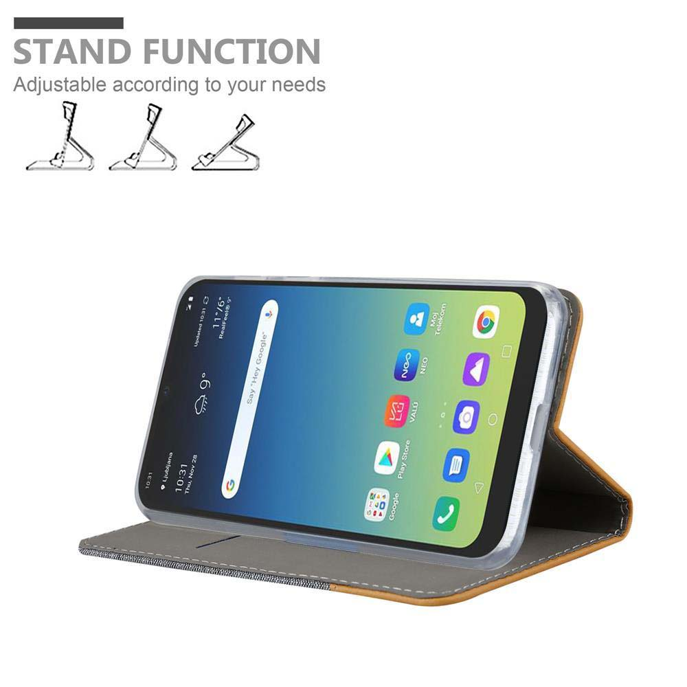 Telefono in custodia marrone, aperto per visualizzare lo schermo. Funzione supporto con opzioni di angolo regolabili.