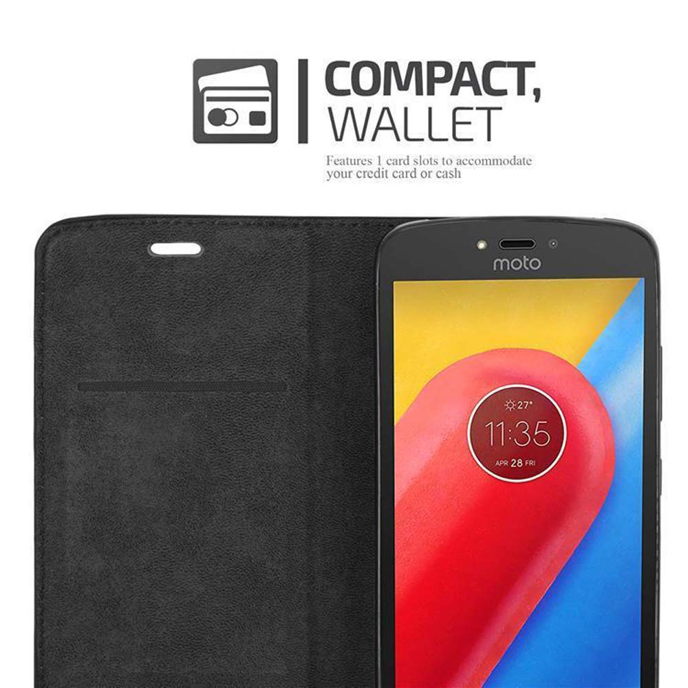Custodia per telefono nera con un telefono all'interno, su uno sfondo con testo COMPACT, WALLET.