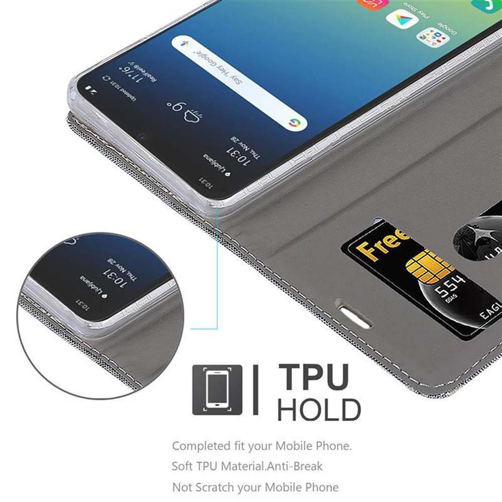Custodia aperta per telefono con telefono e carta di credito. Testo: Supporto TPU, vestibilità completa.