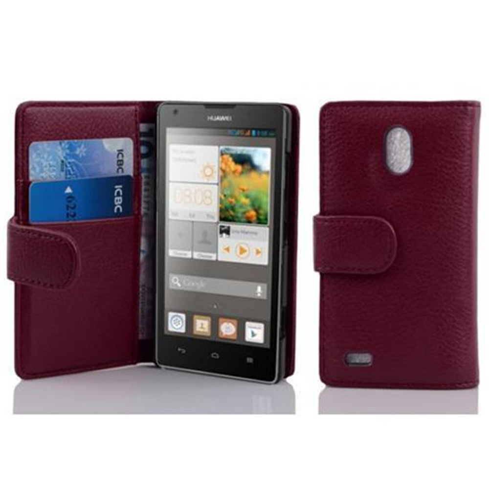 Funda de teléfono con tarjetas y dinero. El teléfono muestra una interfaz. La funda es granate.
