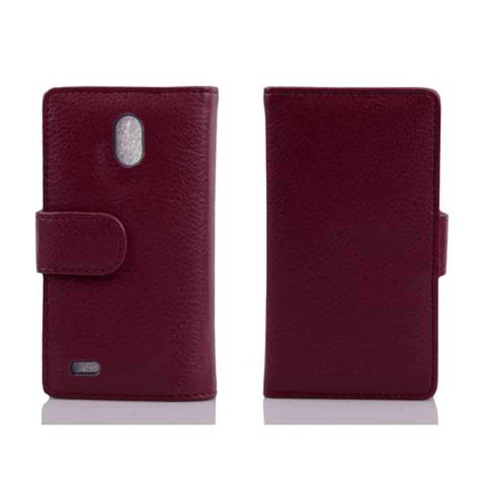 Una funda de cuero granate, cerrada a la izquierda y abierta a la derecha.