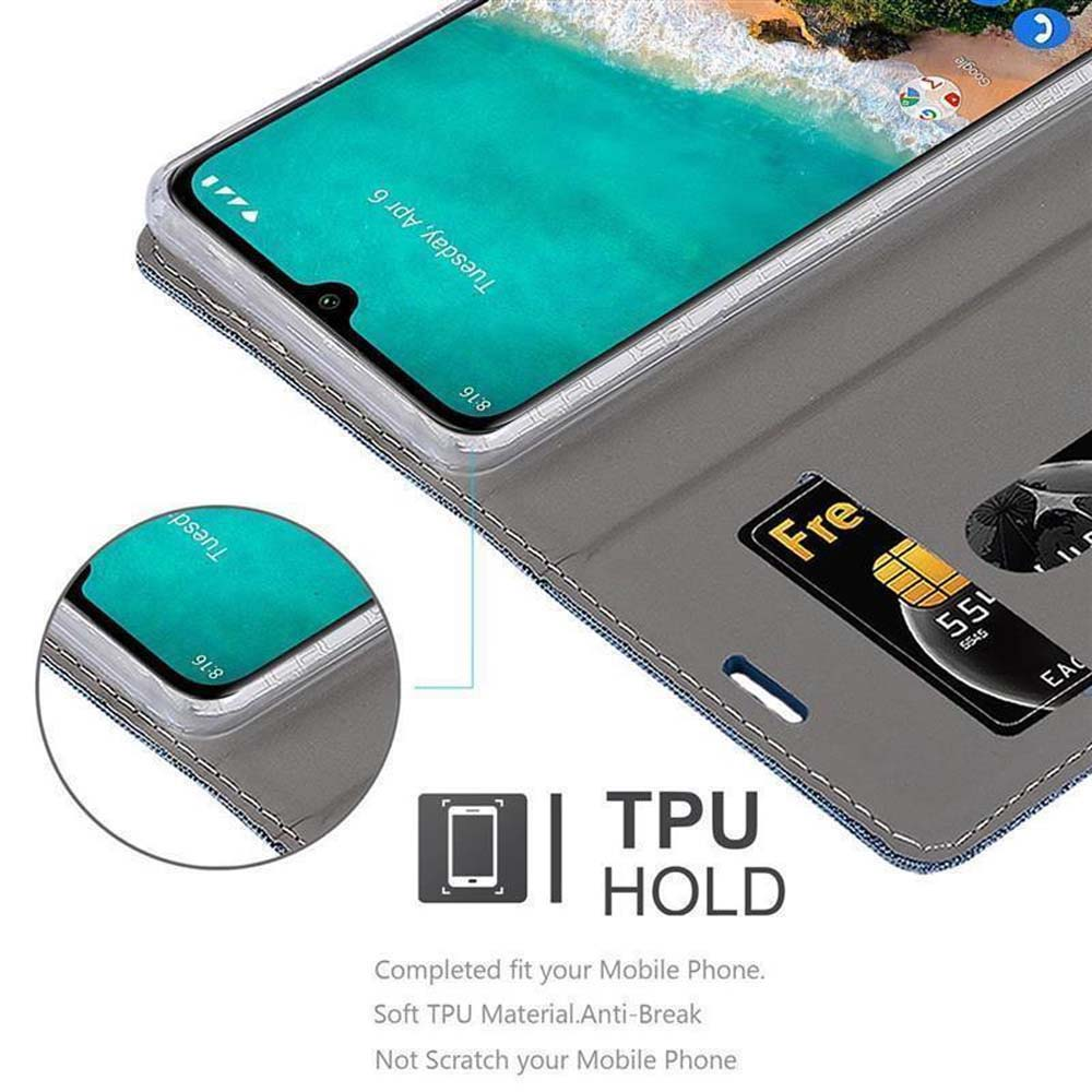 Telefono in una custodia a portafoglio grigia. All'interno, mostrando lo schermo del telefono e una carta di credito.