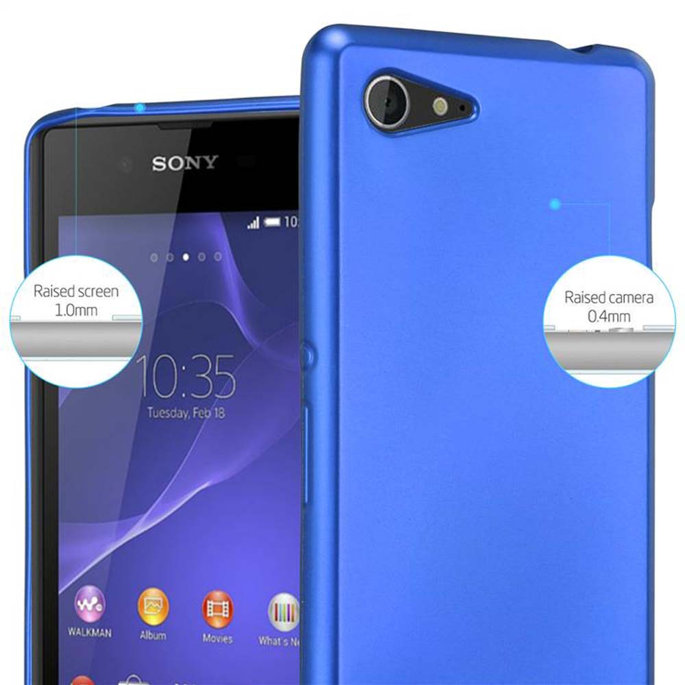 Funda azul para teléfono con teléfono dentro. Texto: Pantalla elevada 1,0 mm y cámara elevada 0,4 mm.